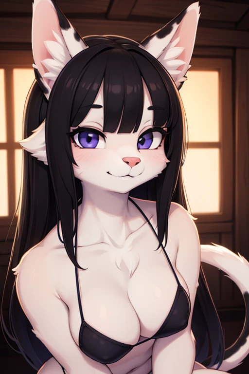 Beautiful anthropomorphic girl Cow 18 years old., largeeyes, ,  and slim, 8k, quality, (very detailed title: 1.0), (The face is very delicate.: 1.0), (very fine hair: 1.0), wearing bikini, highly detailed official artwork, beautiful anime art style, clean and meticulous anime art, smile, black hair hairstyle, Straight hair and delicate facial features., bushy tail, and hairy ears. Good ambient light., ultrafine fur、Volumetric light is very detailed.,Finest quality furry art 