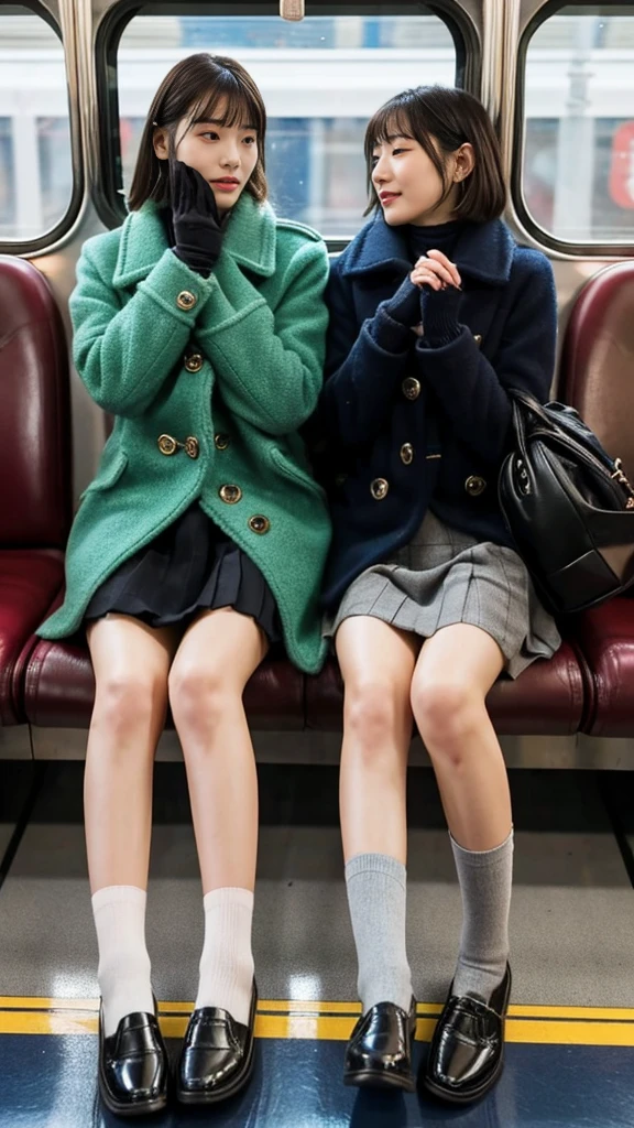 A photo of two mature gals wearing cute pea coats with leather shoes and shiny, thin, short black leather gloves.,Inside the train,Voyeur,Heavy makeup face,Ultra-detailed face, open eyes,((Legs crossed)).Smelly socks, Ultra Mini Skirt,Panty shot,School Bags,This photo was taken in daylight with soft lighting..、The girls are sitting on train seats.。. This photo was taken by someone on their cell phone..、Apparently it was posted on Snapchat.。.