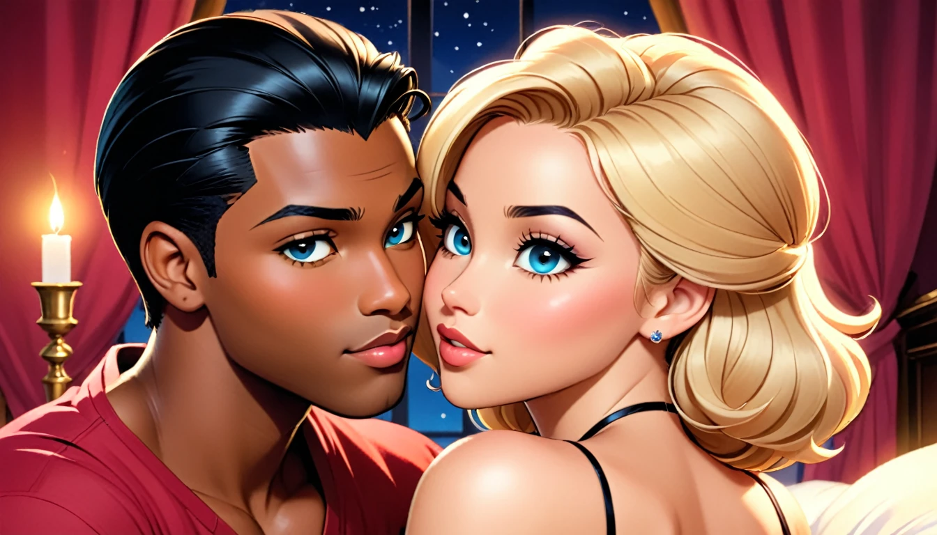 J and L, both from the 1997 Kids WB! animated series "Men in Black: The Series", share a steamy kiss inside a bedroom lit only by candlelight. J is a handsome and lean African American male with short black hair. L is a beautiful Caucasian female with shoulder-length blond hair and very light white skin. L has lovely makeup on her face. Nighttime. Romantic ambiance. Symmetrical eyes. Symmetrical faces. Lovely details. Full-colored photo. Highly detailed 8K.