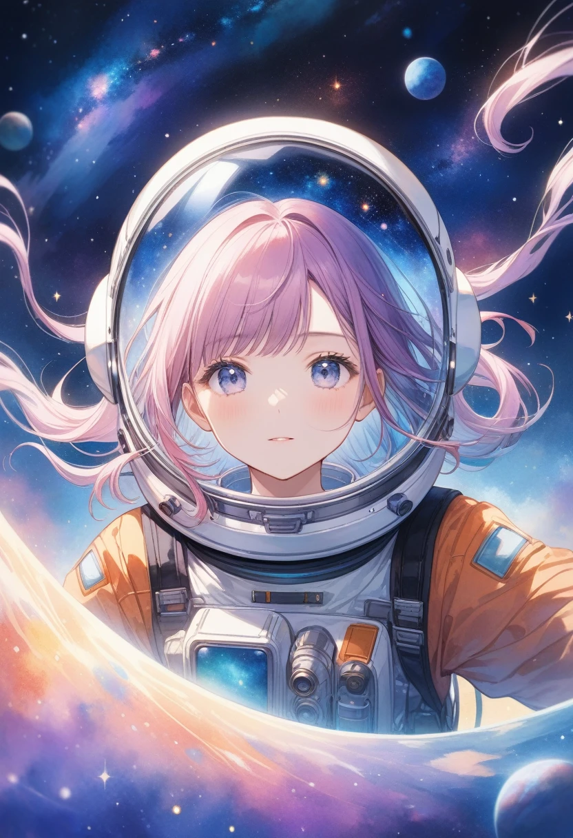 ((Masterpiece)), ((Best Quality)), (Very Detailed), ((Very Detailed)), 4K, (8K), very aesthetic, absurdres highres, Cat clad in a miniature space suit floating amidst the cosmic backdrop of a nebula, whiskers gently splayed by zero gravity, eyes wide with cosmic wonder, starfield reflecting in the helmet visor, pastel-colored galaxies swirling in the background, watercolor style, ultra realistic, high-quality digital painting.
