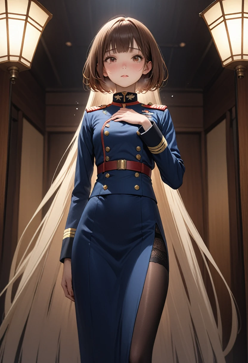 (masterpiece,Highest quality:1.3,best quality illustration),realistic,cowboy shot,1woman,30 year old Japanese beauty,Naval officer、((very small head:1.3)),short bob hair,brown hair,bangs,brown eyes,gorgeous eyes,shy,Heavy breathing、small breasts,((very long body:1.4)),((Dark blue blazer jacket、Blue tie、Navy blue tight mini skirt、Black garter belt,black thighhighs、navy uniform)),(toned body,slender body,skinny,tan skin),gleaming skin,shiny skin,sweat:1.2,standing,Study,indirect lighting、
