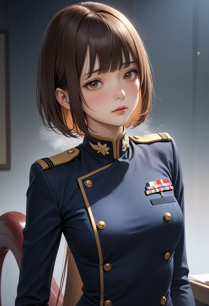 (masterpiece,Highest quality:1.3,best quality illustration),realistic,cowboy shot,1woman,30 year old Japanese beauty,Naval officer、((very small head:1.3)),short bob hair,brown hair,bangs,brown eyes,gorgeous eyes,shy,Heavy breathing、small breasts,((very long body:1.4)),((Dark blue blazer jacket、Blue tie、Navy blue tight mini skirt、Black garter belt,black thighhighs、navy uniform)),(toned body,slender body,skinny,tan skin),gleaming skin,shiny skin,sweat:1.2,standing,Study,indirect lighting、