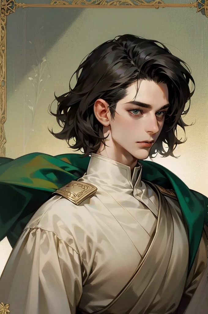 handsome young prince, short black hair with black strands, Dark green eyes, black officer's uniform, in a small field, detailed face, detailed eyes, detailed lips. medieval times