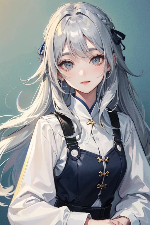 ((Highest quality)), ((masterpiece)), (detailed), female, Grey Hair、Long Hair、Slanted Eyeature smile、Calm clothes、The side hair and front hair are connected、female王様風