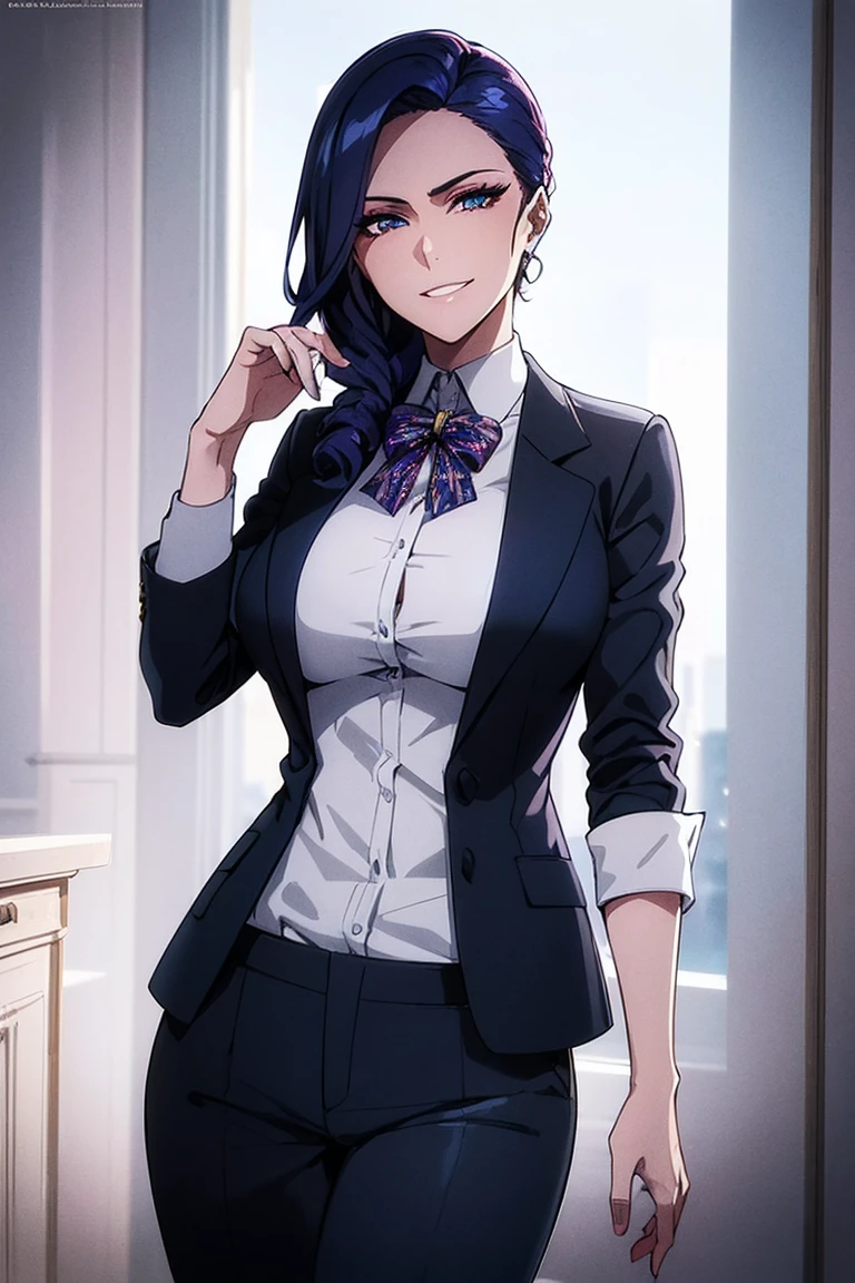 A high resolution, ultra detailed, HDR, masterpiece, very detailed face and eyes, confident expression with a grin, young woman, business trousers, and blouse, 18 years, Squint, creative hairstyle, beautiful makeup with arrows, sapphire eyes with a golden shimmer in the middle, dark roots with a transition to blue