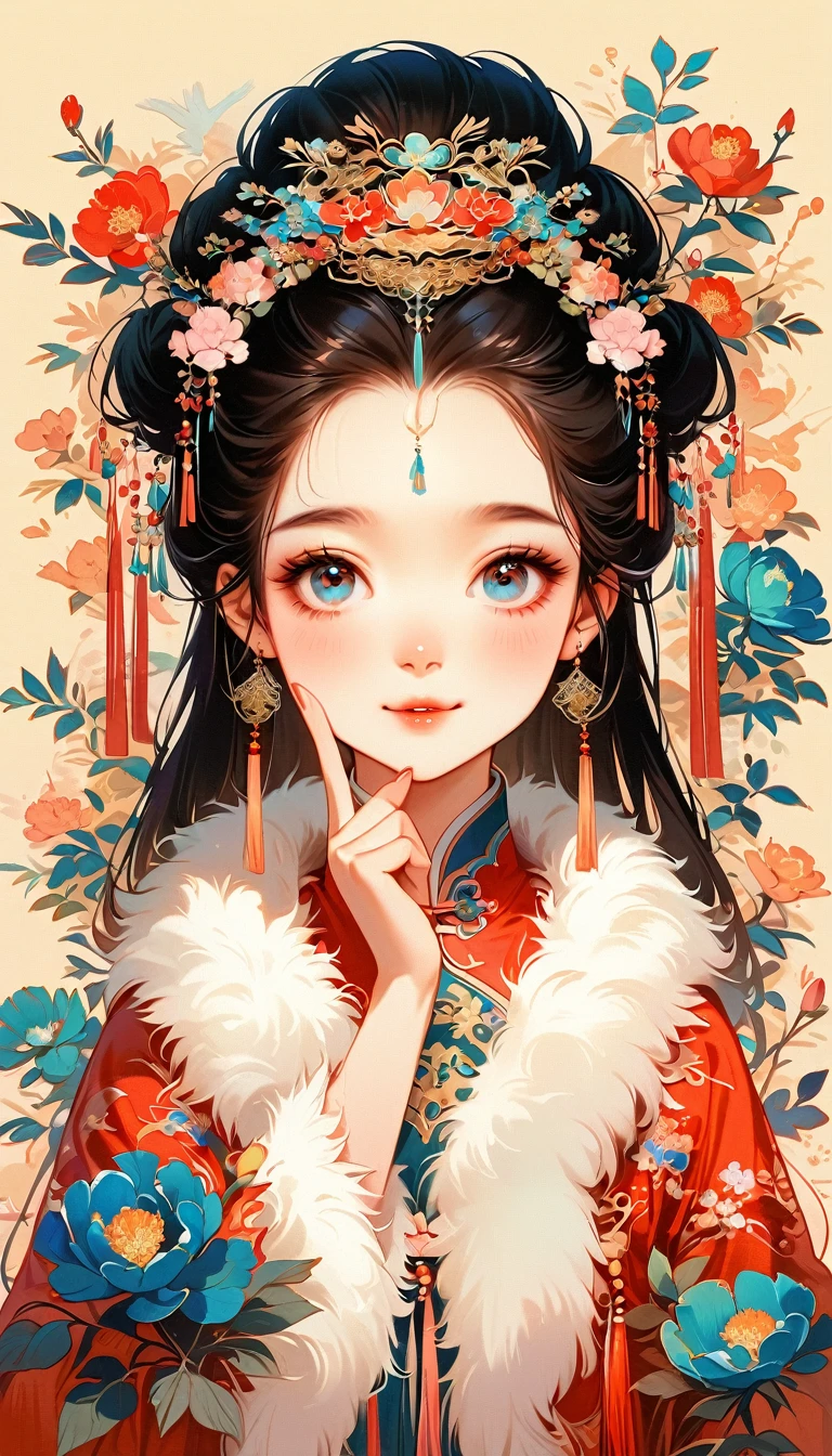 A beautiful young 5 girl in traditional Chinese attire, sweet smile, from front, eyes look at other side, finger touching the cheek, fashion pose, charming and attractive sexy pose, surrounded by a lush garden. gazing at it with gentle eyes. The woman's hair is styled in an elaborate updo adorned with flowers and traditional ornaments. Her dress is elegant, pink and white color tone, featuring fine silk with floral embroidery. The garden is in full bloom, with peonies and other flowers providing a backdrop. The scene captures the serenity and beauty of classical Chinese art, with a touch of nature harmony, (((Ultra-high saturation, high natural saturation, extremely bright colors)))