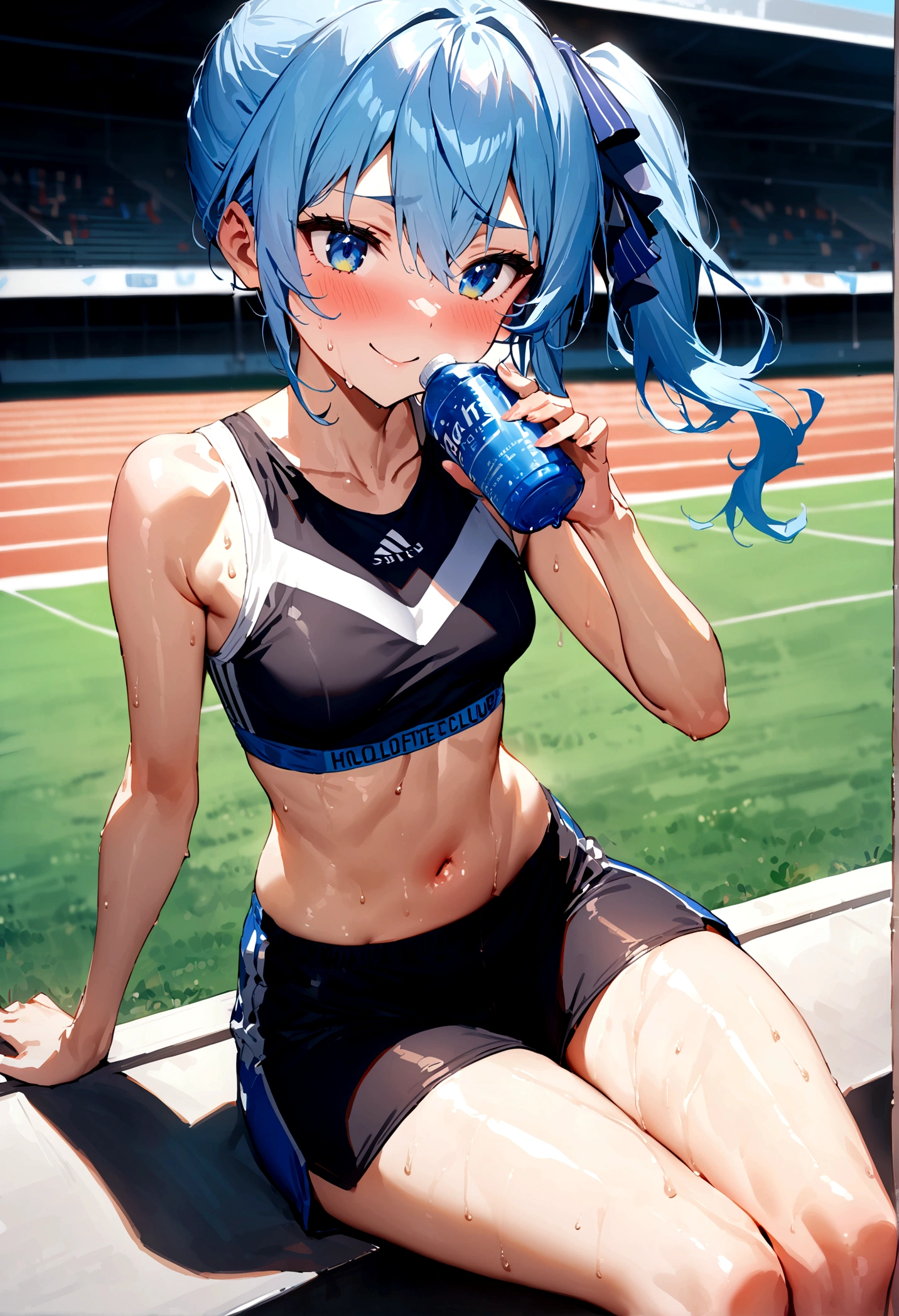 NSFW,masterpiece,Highest quality,High resolution,Super detailed,Star Town Suisei\(Hololive\),Blue Hair,One Side Ponytail,Blue Eyes,Small breasts,Track and field club,Descente Bra Top,Descente One Point Shorts,Streaks,Athletics Stadium,truck,smile,blush,(Sweat),Sports Drink,Girl sitting,During a break