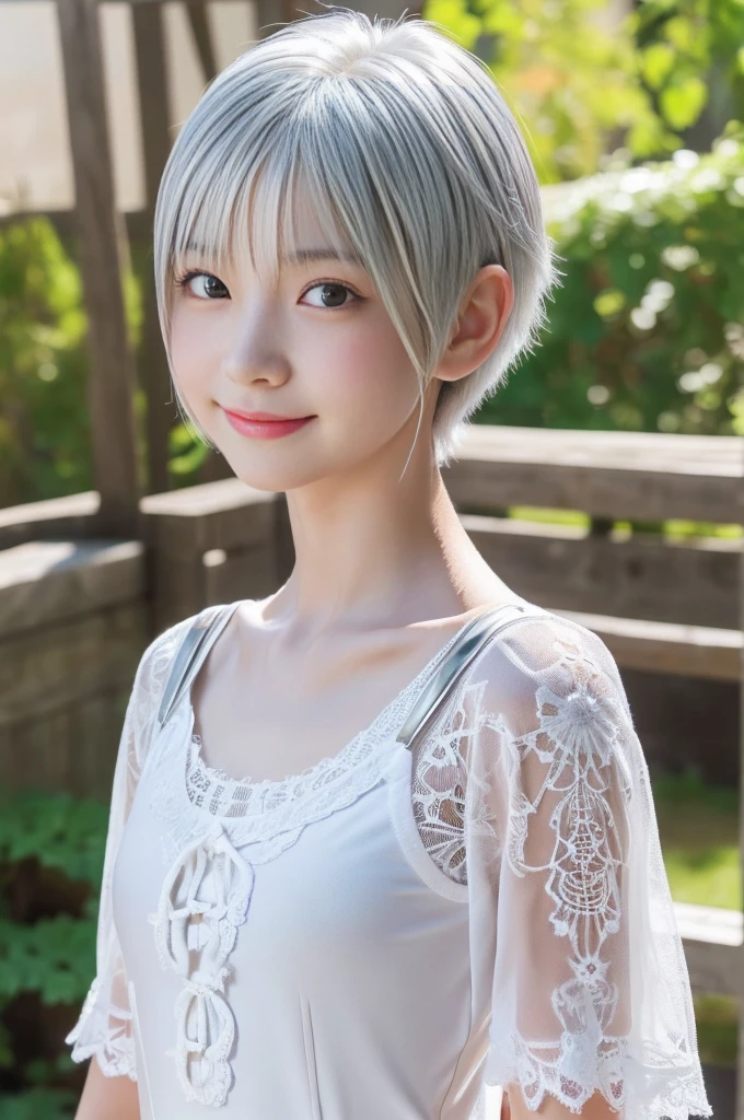 1 Japanese girl, , incredibly ultra cute, neat and clean, happy smile, detailed charming eyes, detailed face, (laced onepiece, ultra slender, incredibly white and beautiful skin, short silver hair:1.75), (best quality,4k,8k,highres,masterpiece:1.5),ultra-detailed,(realistic,photorealistic,photo-realistic:1.37),highly detailed,intricate details,vibrant colors,soft lighting,beautiful scenery,delicate features,cute expression,elegant pose