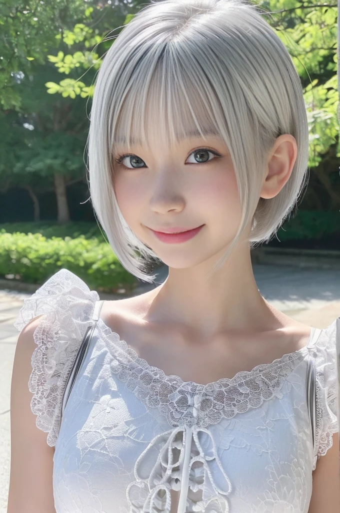 1 Japanese girl, , incredibly ultra cute, neat and clean, happy smile, detailed charming eyes, detailed face, (laced onepiece, ultra slender, incredibly white and beautiful skin, short silver hair:1.75), (best quality,4k,8k,highres,masterpiece:1.5),ultra-detailed,(realistic,photorealistic,photo-realistic:1.37),highly detailed,intricate details,vibrant colors,soft lighting,beautiful scenery,delicate features,cute expression,elegant pose