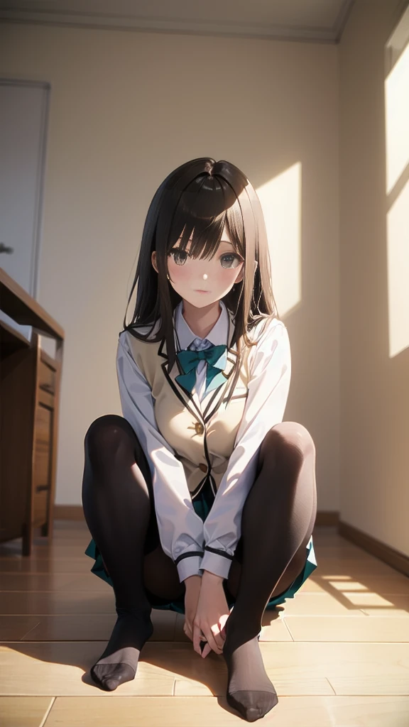 Top quality, masterpiece, High resolution, (Head to toe full body), front, frontやや下からの構図, Symmetric, Tall 18 year old girl, alone, (Head to toe), (Small breasts), Unkempt brown hair, bangs, (black tights), (Black Pantyhose), (Sit with your legs apart), (Crouching pose), (A composition showing white panties), (Her legs were spread、I see your white pants.), (I was made to sit on the floor with my legs spread..), (M-shaped legs), Thin legs, A very beautiful and tall 18 year old girl, (No shoes), blush, Shy big eyes, looking at the camera, Blazer Uniform, Checkered Pleated Skirt、Kumiko Omae