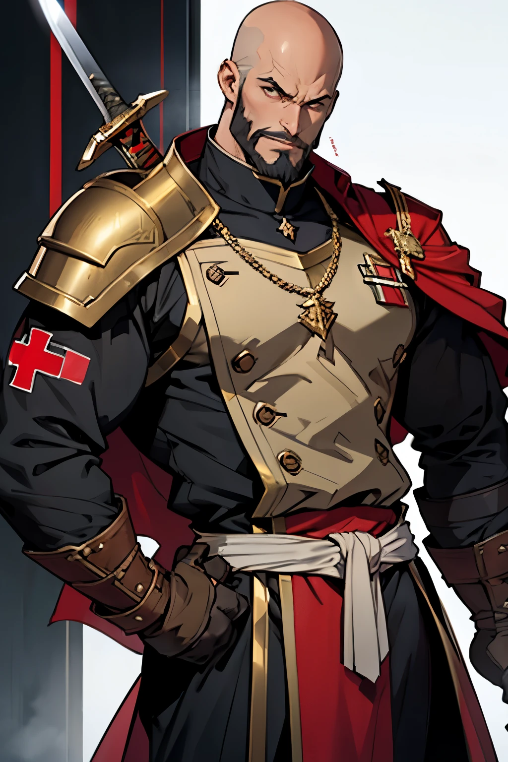 180cm man, 120kg, stark, mitts, sword in the waist, red cross on shoulder, black adventurer outfit with a golden lion on the chest, bald with full beard, pose de Major