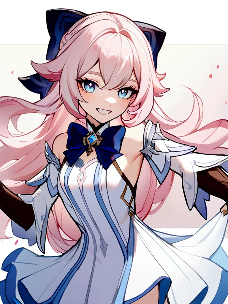 1 girl in Genshin Impact style, long hair, light pink hair, hair with light blue tips, light blue eyes, pink short dress,(detailded), bow on dress, Grinning