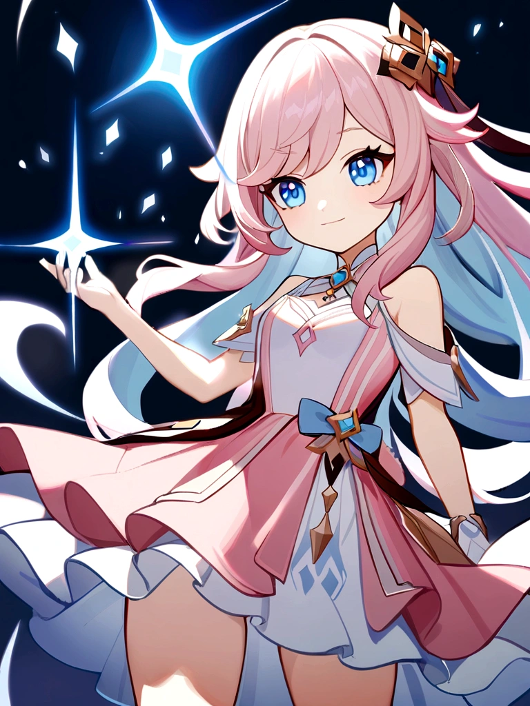 1 girl in Genshin Impact style, long hair, light pink hair, hair with light blue tips, light blue eyes, pink short dress,(detailded), bow on dress, Grinning