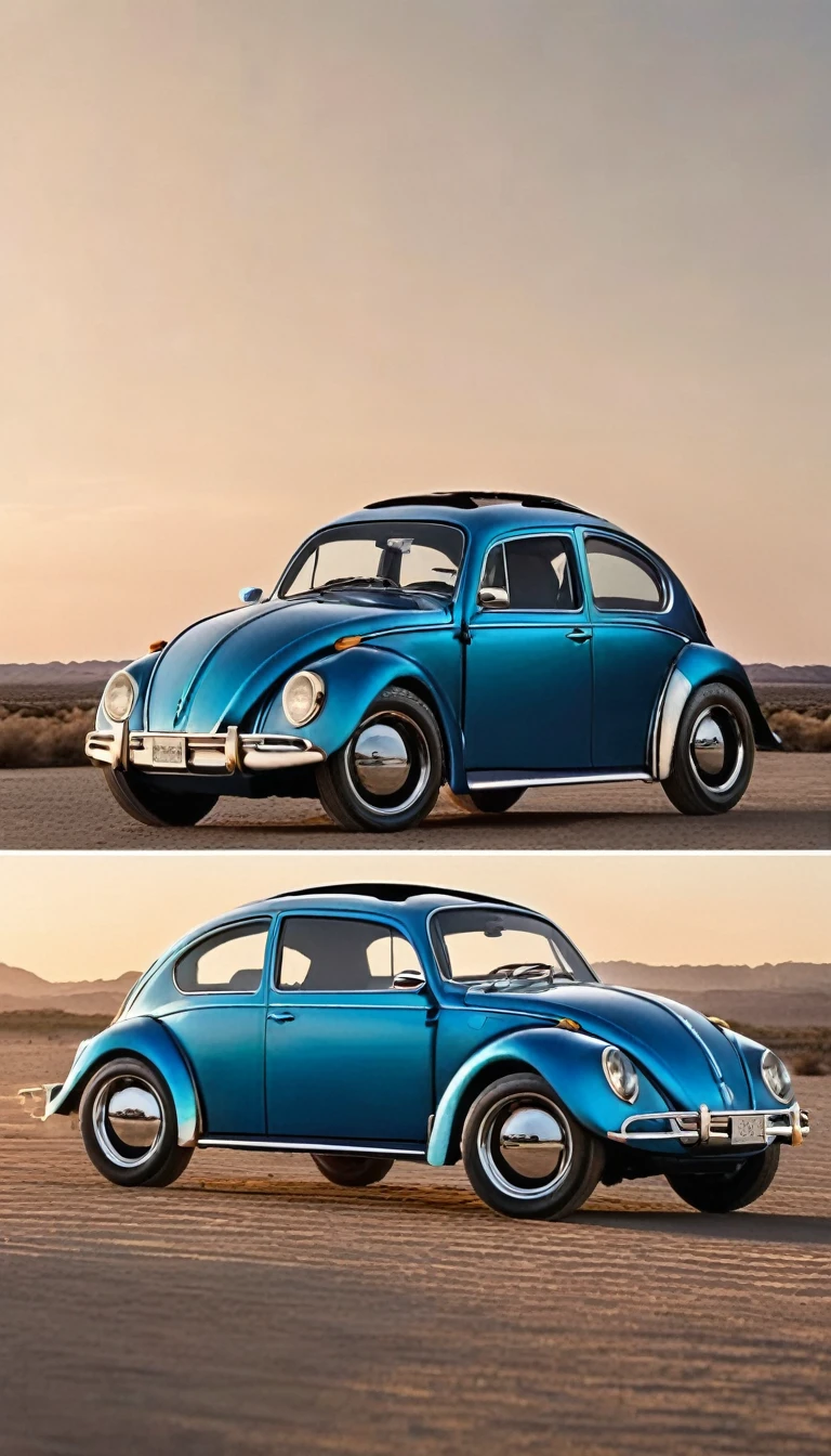 Volkswagen Beetle、Insect-inspired futuristic design、Beetle、blue、Shiny metal body、Big off-road tires、Beetleのツノ