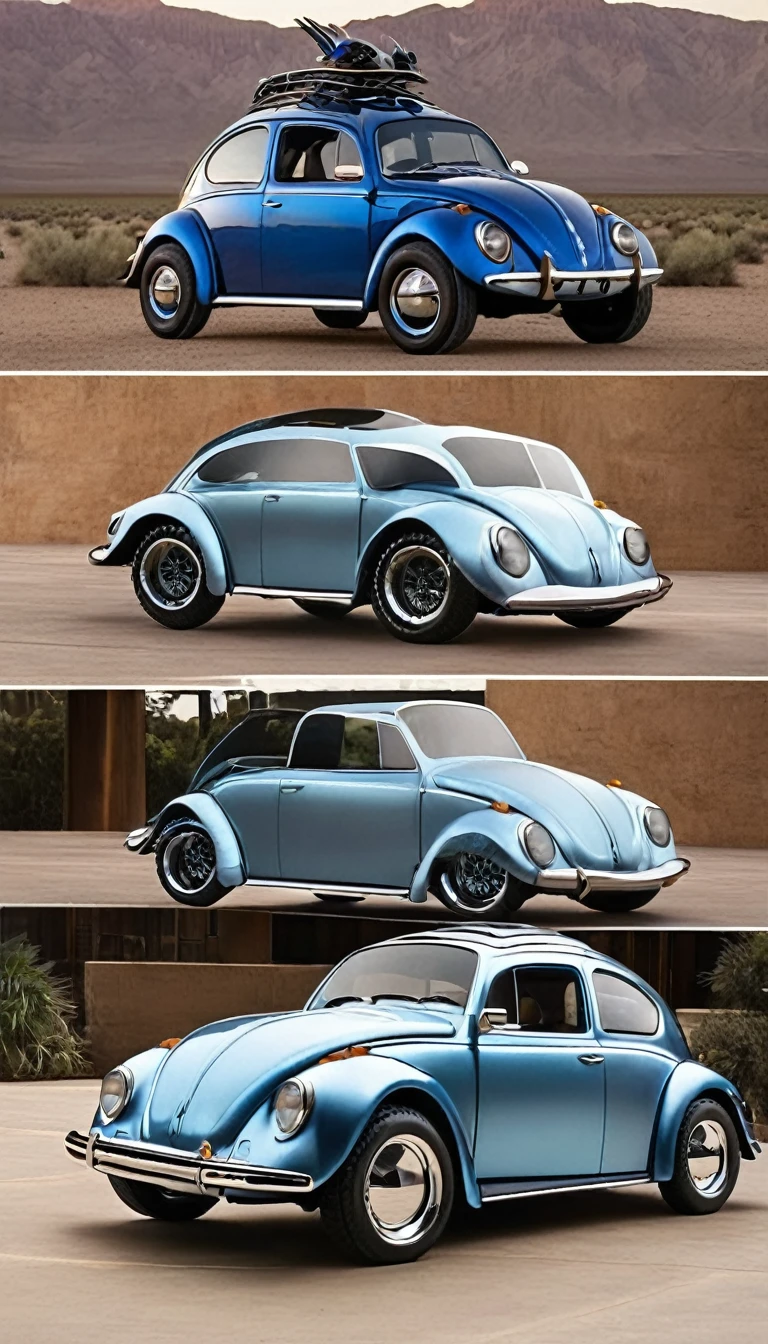 Volkswagen Beetle、Insect-inspired futuristic design、Beetle、blue、Shiny metal body、Big off-road tires、Beetleのツノ