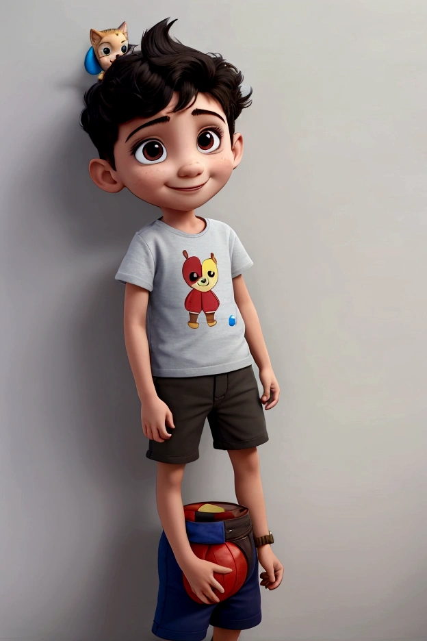 Treatment, solo boy, background school, boy standing looking at camera and smiling, wall with alphabet, shorts and plain shirt