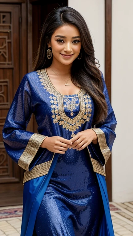Shay Mitchell dressed in sexy traditional Central Asian clothing and smiling