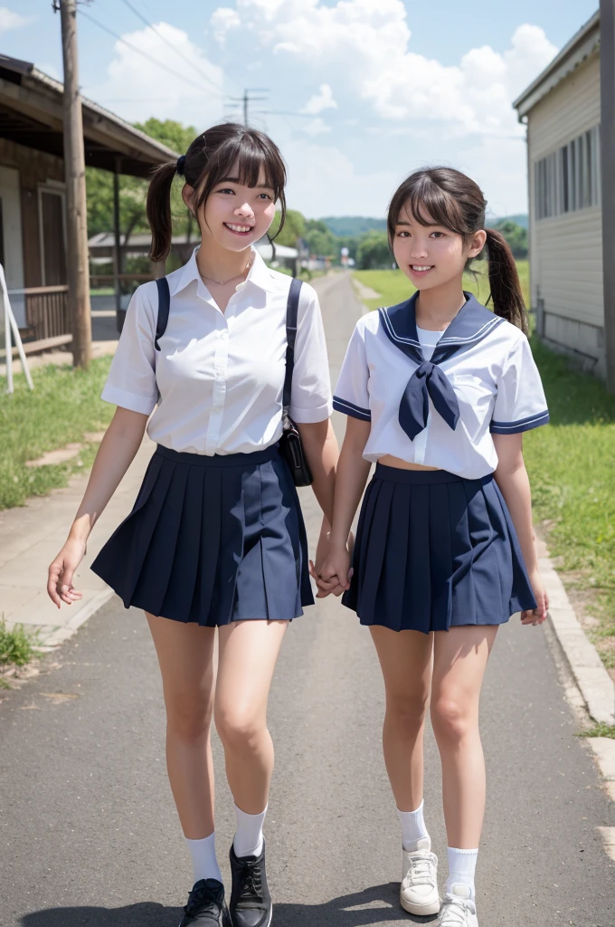 2 girls in old-Japanese town on school trips,white sailor shirt,navy blue pleated skirt,18-year-old,bangs,a little smile,thighs,knees,short hair with low pigtails bunches,from below,front light