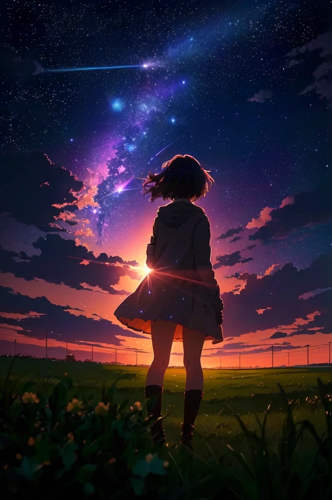 anime girl looking at the stars in the sky, Makoto Shinkai Cyril Rolland, Watching the sunset. anime, anime art wallpaper 8 k, anime art wallpaper 4k, anime art wallpaper 4 k, anime wallpaper 4k, anime wallpaper 4 k, The girl stares into space, The endless universe in the background, 4k anime wallpaper