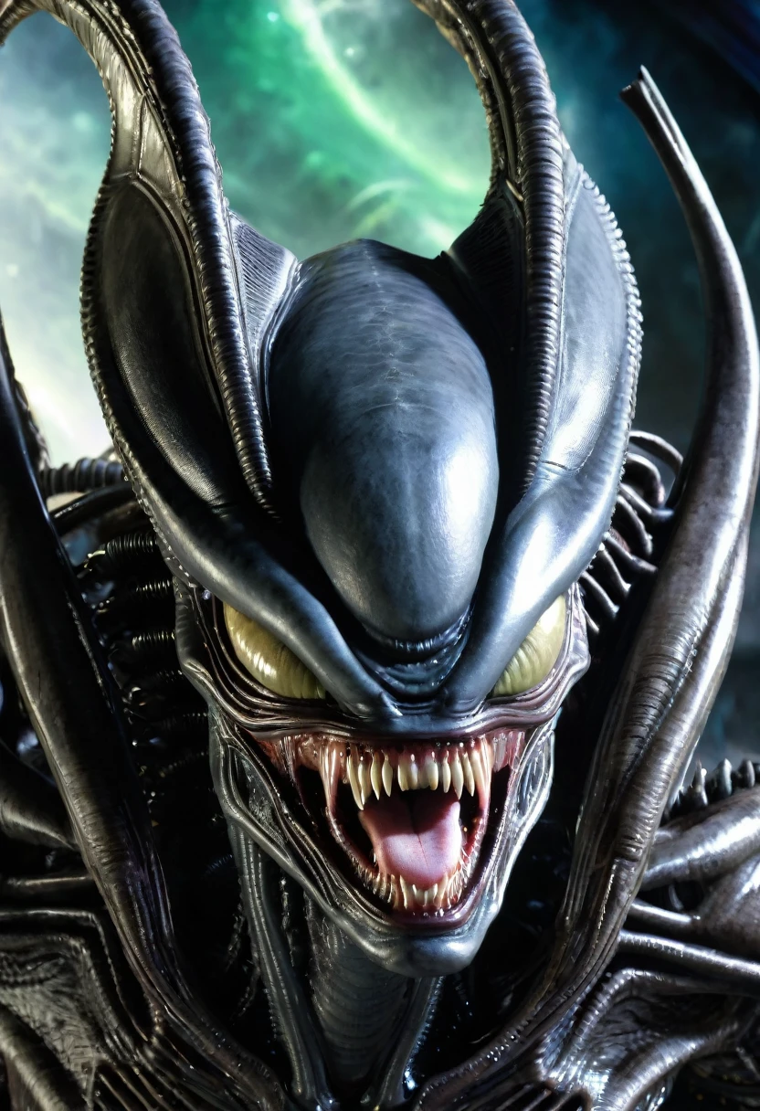 (((Extreme close-up Xenomorph Alien the eighth passenger merged with Gremlins front images color images Splash Gremlins bat ears)))