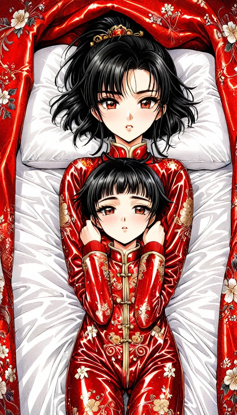 Beautiful 15 year old Chinese Kung Fu girl princess with short black hair　Gorgeous embroidery, Ultra glossy, She is wearing shiny red long sleeve floral pajamas....　She is laid down on a red patent leather futon and covered with a duvet and her pussy is examined