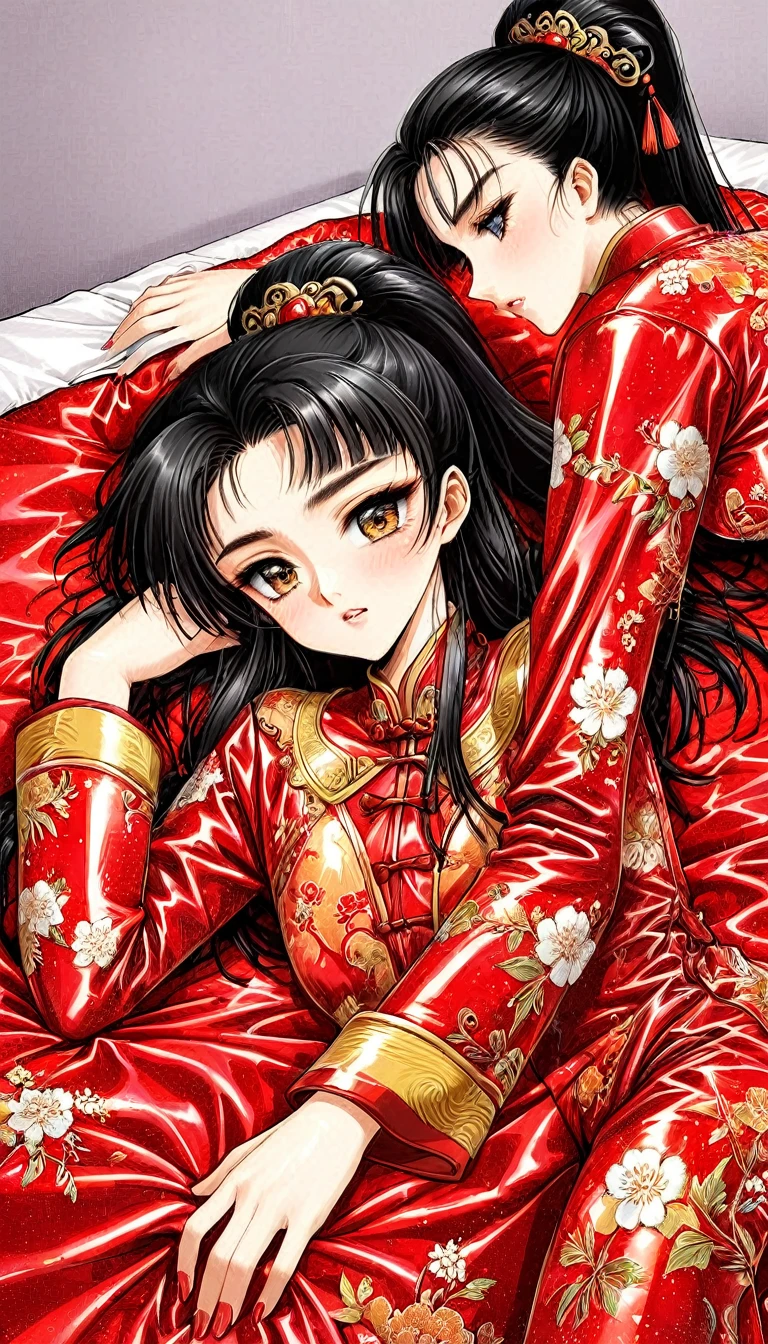 Beautiful 15 year old Chinese Kung Fu girl princess with short black hair　Gorgeous embroidery, Ultra glossy, She is wearing shiny red long sleeve floral pajamas....　She is laid down on a red patent leather futon and covered with a duvet and her pussy is examined