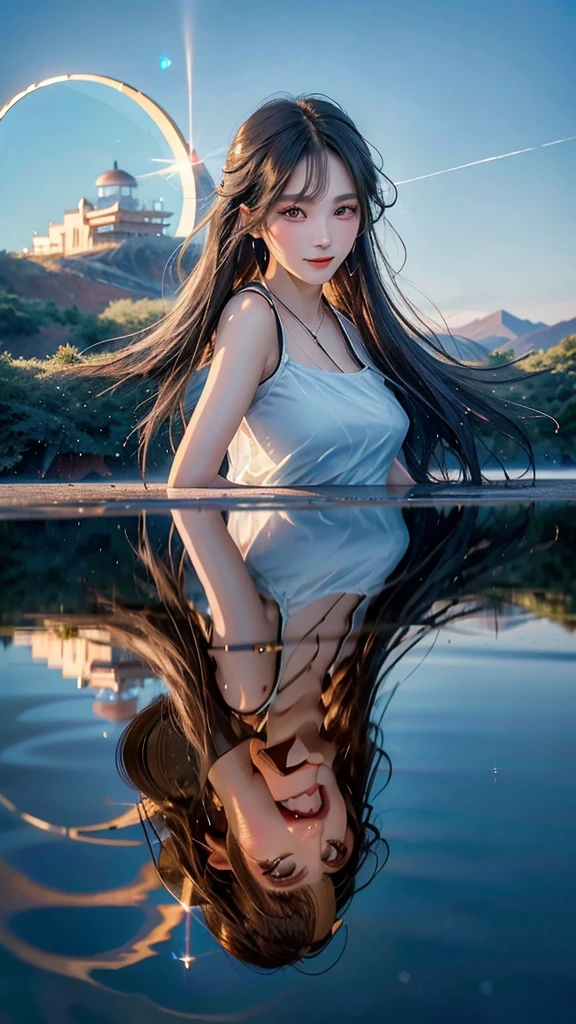 (Highest quality, 32k, High resolution, Masterpiece:1.5), marimo_jet, god々A photograph with brilliant dazzling and healing power., Evoking a sense of calm and elusive beauty, Expressing emotions, Have a rich imagination, Beautiful Japanese Girls, An exceptionally beautiful face, Small Face Beauty, , Perfect Human Anatomy, Magical big eyes, Motherhood and generosity, Deep Love, fleeting smile, Shiny black hair, Super long hair swaying in the wind, Asymmetrical bangs, Hair between the eyes, Transparent, soft white skin, Sharp eyebrows, Thin lashes, ((Natural Makeup:1.3)), Red dress, High resolutionの完璧な鎖骨, High resolutionの美しい胸元, Slim figure with ample breasts, High resolutionの美しい太もも, ((Distant Horizon:1.5)), ((Salar de Uyuni stretches to the horizon:1.3)), ((The water surface reflects the sky like a mirror:1.5)), Beautiful detailed blue sky, Professional photographer, Professional Lighting, Professional models, god秘的