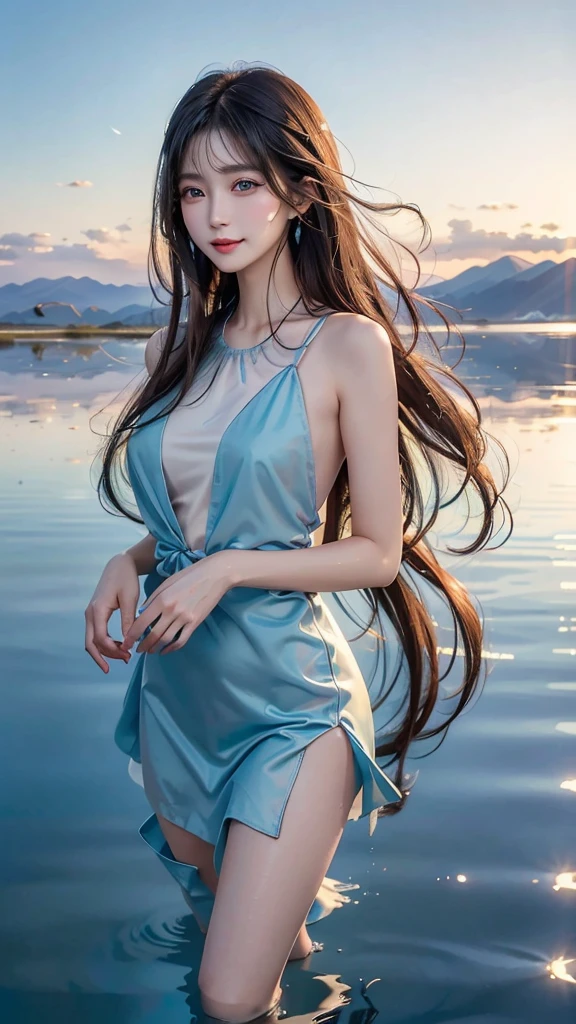 1 girl, serene expression, mesmerizing eyes, long straight hair, flowing dress, poised posture, Porcelain Skin, blush sutil, BREAK golden hour crystal pendant, (rim lighting):1.2, warm hues, sun glare, softshadows, swirly vibrant colors, pictorial effect, dreamy atmosphere BREAK panoramic lake, distant mountains, willow tree, calm waters, reflection, sunlit clouds, tranquil atmosphere, idyllic sunset, ultra detaild, offcial art, unity wallpaper 8k , tangle, mandala