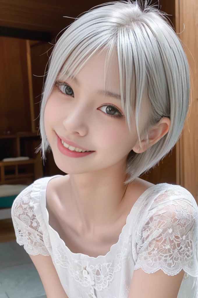 1 Japanese girl, , incredibly ultra cute, neat and clean, happy smile, detailed charming eyes, detailed face, (laced onepiece, ultra slender, incredibly white and beautiful skin, short silver hair:1.75), (best quality,4k,8k,highres,masterpiece:1.5),ultra-detailed,(realistic,photorealistic,photo-realistic:1.37),highly detailed,intricate details,vibrant colors,soft lighting,beautiful scenery,delicate features,cute expression,elegant pose