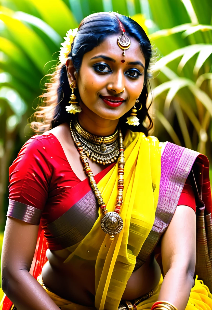 araffe woman in a red blouse and yellow sari posing for a picture, a picture by Max Dauthendey, tumblr, toyism, traditional beauty, sexy movie photo, actress, stylish pose, very seductive pose, movie stills photography, sexy girl with dark complexion, indian,, sexy girl, wearing bihu dress mekhela sador, tummy