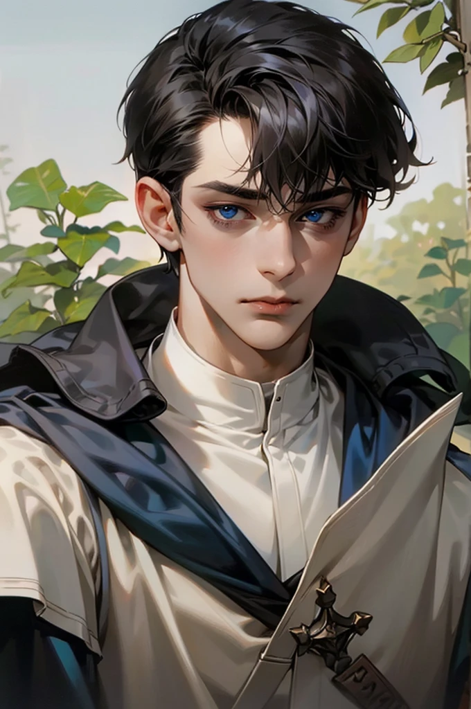 handsome young man, short black hair with black strands, blue eyes, black officer's uniform, in a small field, detailed face, detailed eyes, detailed lips. medieval times