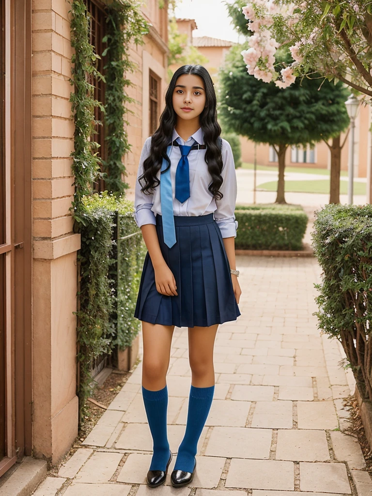Full body image of a very gorgeus and pretty Argentinian woman. ONE ONLY WOMAN. She dress a college uniform. She has fifteen years old. She has a thin body. She has a beautiful face. She has beautiful face. She has black hair with curls at the ends. She looks innocent. She is holding the edge of her skirt with her right hand, pretending to lift it up but without actually doing so and without showing anything.