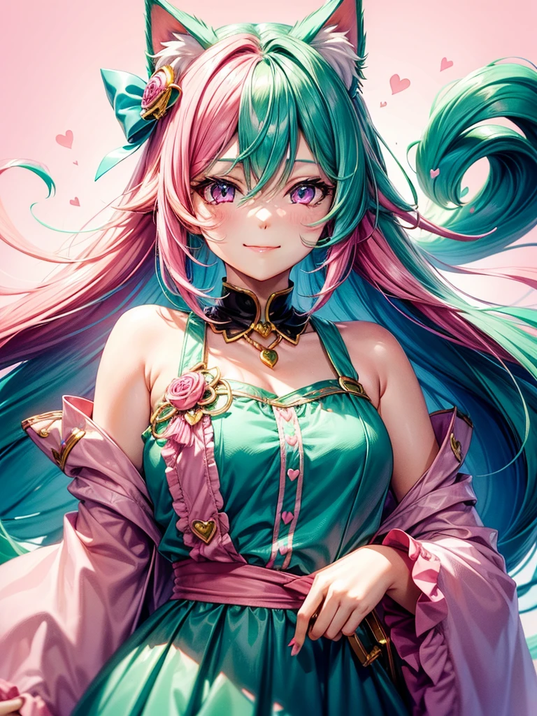 ((Pinkgreen hair color)), pink eyes, woman, teal blue gold clothes,happy face, sexy outfit, cat ears, hearts, floating hearts, face only,  long hair, smiling, hair ornament, up close face,  sexy clothes, sexy women , closed mouth smile, up close face, hair bows