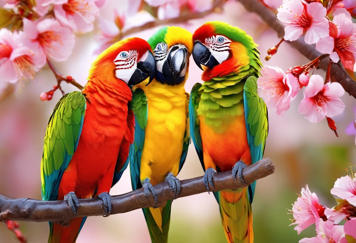 there are two birds sitting on a branch of a tree, Multicolored birds, birds on cherry tree, Beautiful Nature, Parrot, Colorful HD images, so beautiful photo, Very beautiful, Tropical birds, beautiful photo, High-resolution wallpapers, Lovely couple, kiss, Put your beak on your forehead,very cute, Beautiful digital art, Beautiful Wallpapers, so beautiful, With beautiful colors, Beautiful and colorful