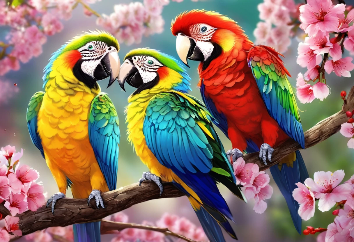 there are two birds sitting on a branch of a tree, Multicolored birds, birds on cherry tree, Beautiful Nature, Parrot, Colorful HD images, so beautiful photo, Very beautiful, Tropical birds, beautiful photo, High-resolution wallpapers, Lovely couple, kiss, Put your beak on your forehead,very cute, Beautiful digital art, Beautiful Wallpapers, so beautiful, With beautiful colors, Beautiful and colorful