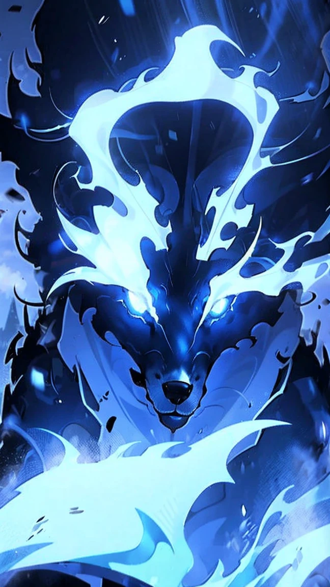 black wolf, with blue energy, white doctor's coat, white dress shirt, black tie, in the parking lot
