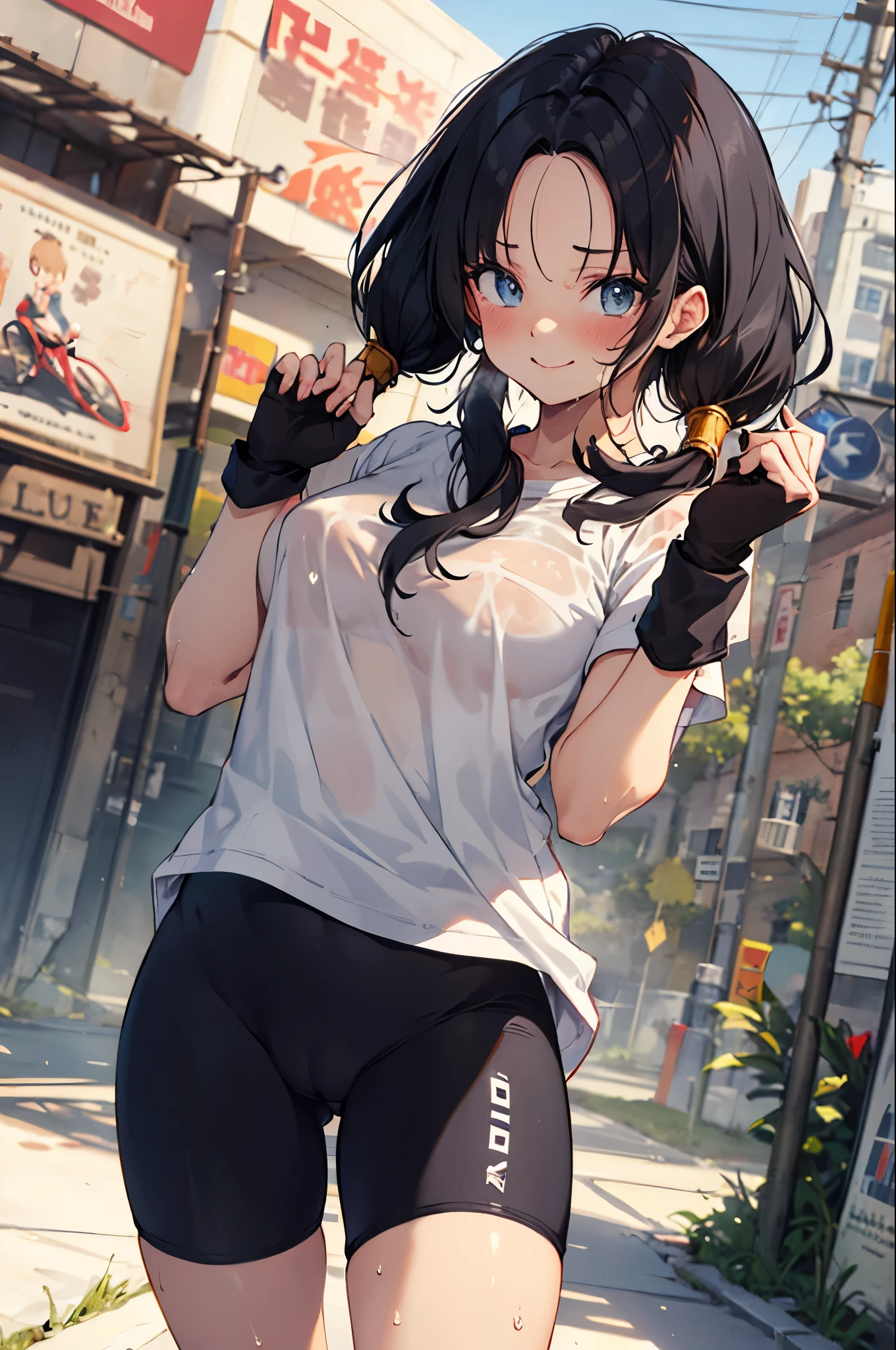 videl,slender,shirt, fingerless gloves,((bike shorts)),(cameltoe:1.3),(white shirt), Plain shirt,see through,wet,sports bra,under bust,black hair,forehead,low twintails,smile,blush,(sweat,steam), masterpiece,Noise Reduction,perfect anatomy,high resolution, ultra-detailed,game cg,dutch angle ,beautiful detailed eyes,visualart,five fingers, perfect hands, perfect lighting,