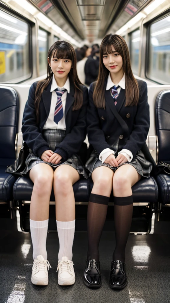 A photo of two cute girls with dyed hair wearing leather shoes and shiny, thin, short black leather gloves.,Inside the train,Voyeur,A face with flashy, heavy makeup,Ultra-detailed face, open eyes,((Legs crossed)).Smelly socks, Ultra Leather Mini Skirt,Panty shot,School Bags,This photo was taken in daylight with soft lighting..、The girls are sitting on train seats.。. This photo was taken by someone on their cell phone..、Apparently it was posted on Snapchat.。. 