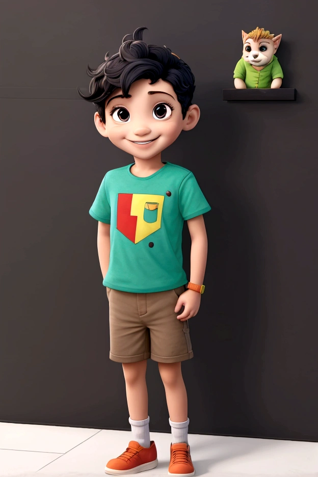 Treatment, solo boy, background school, boy standing looking at camera and smiling, wall with alphabet, WEARING SHORTS