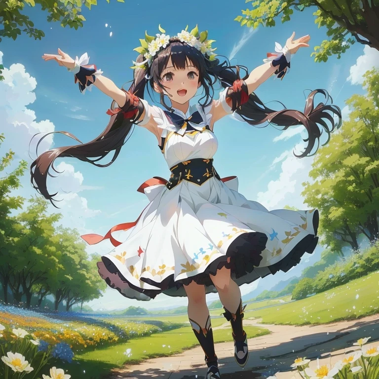 anime girl in white dress with arms outstretched in the air, anime visual of a cute girl, official artwork, official anime artwork, girl dancing in a flower field, anime moe artstyle, official art, rin,  in dress, splash art anime , cute anime waifu in a nice dress, anime best girl, hestia