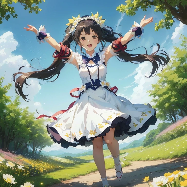 anime girl in white dress with arms outstretched in the air, anime visual of a cute girl, official artwork, official anime artwork, girl dancing in a flower field, anime moe artstyle, official art, rin, in dress, splash art anime , cute anime waifu in a nice dress, anime best girl, hestia