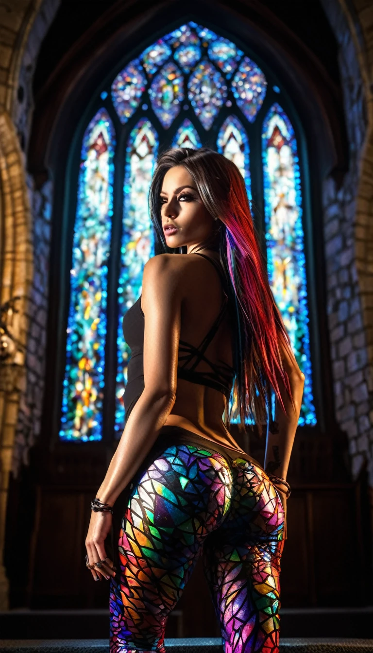 (best quality, photo-realistic:1.37), vibrant lighting, detailed female figure, long hair flowing down, hair color white with multicolor, perfect physique with tattoos covering the entire back and arms, view from behind, light coming from above, clothes: leggings and long top (ripped). background gothic church, mosaïque the night with lights, Dynamic pose, body in action, pose sexy and mysterious, from above, light radiance (light:1.9),Key lighting, (sidelight: 0.2), Canon 5D, 50mm lens, f/4 aperture, (ultra-detailed, complex detail), sharp focus, soft colors, 8k, absurd, 8mm film grain, Amazing realistic photography