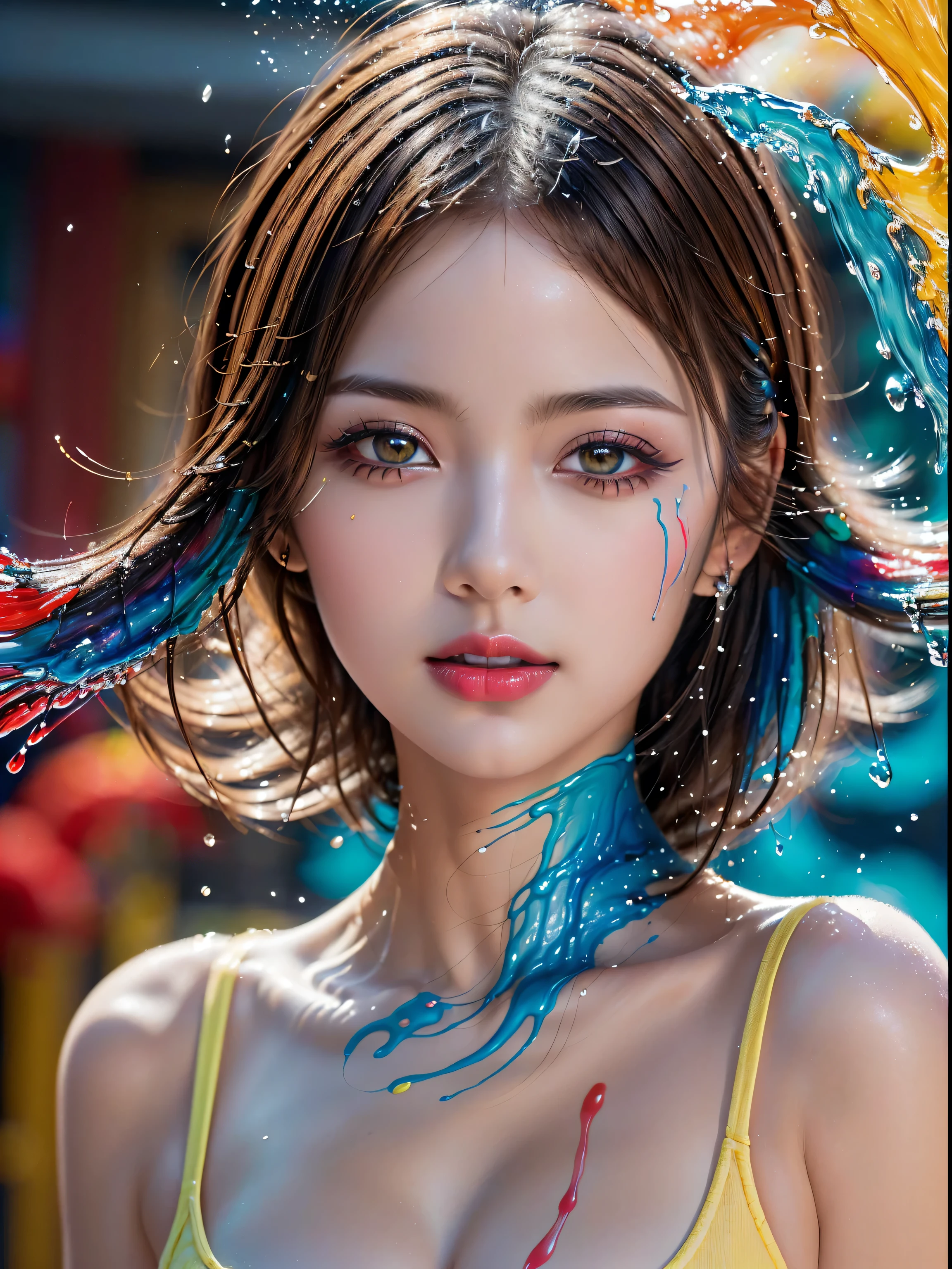 (absurd quality,UHD,high-res,masterpiece),(realism,photorealistic), ((the art of painting the body with many colors, luminous paints), (screen with splashing fluid flowing down, fluid paints:1.22), extremely detailed:1.2), (in a bright and colorful world:1.35),