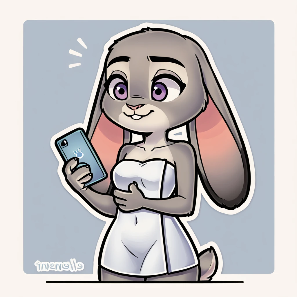 score_9_presence, score_8_up, judy hopps, wrapped in towel, medium breasts, holding phone