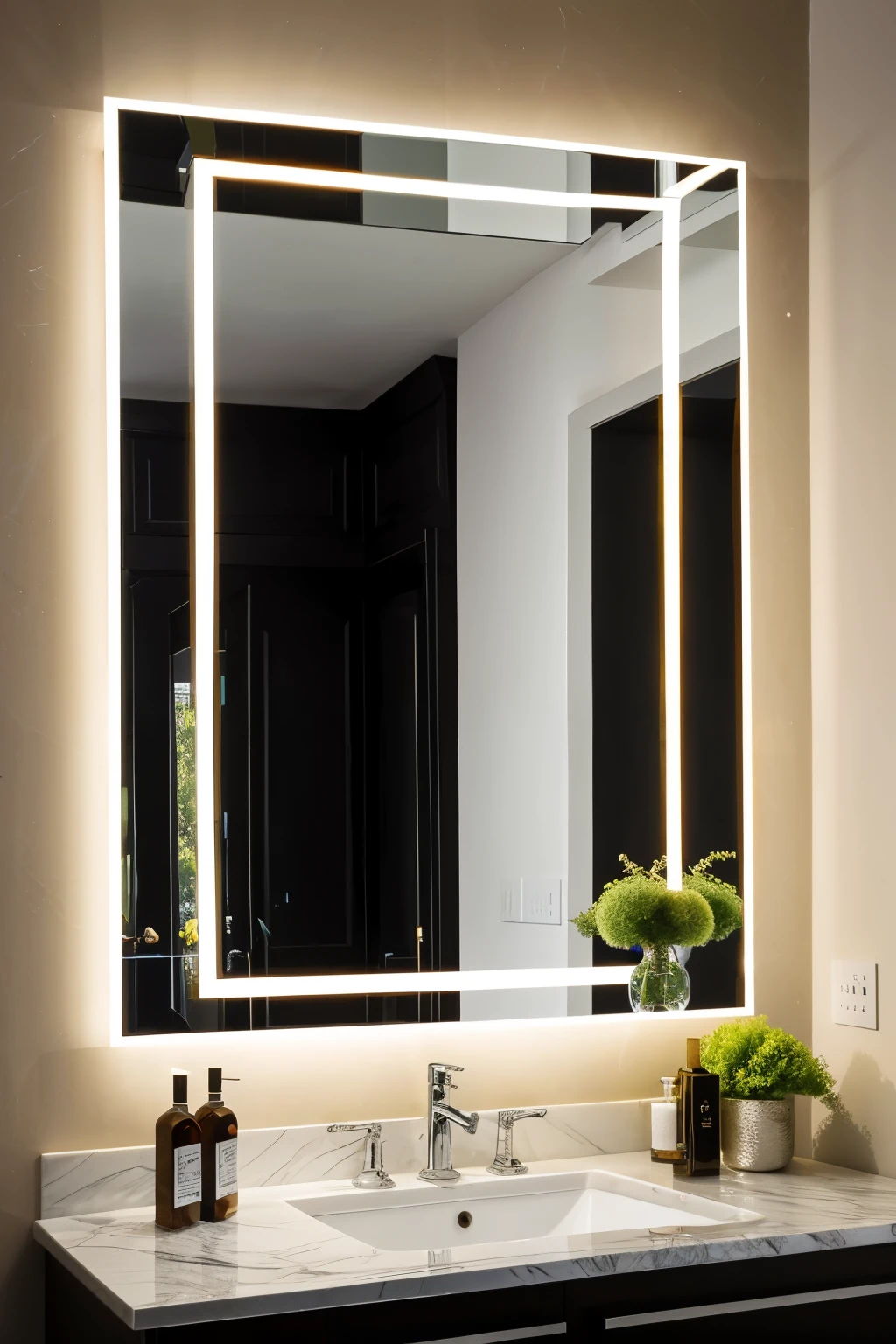 ((Best Quality)), ((Masterpiece)), (detailed), rectangular mirror with led front light with black marble background