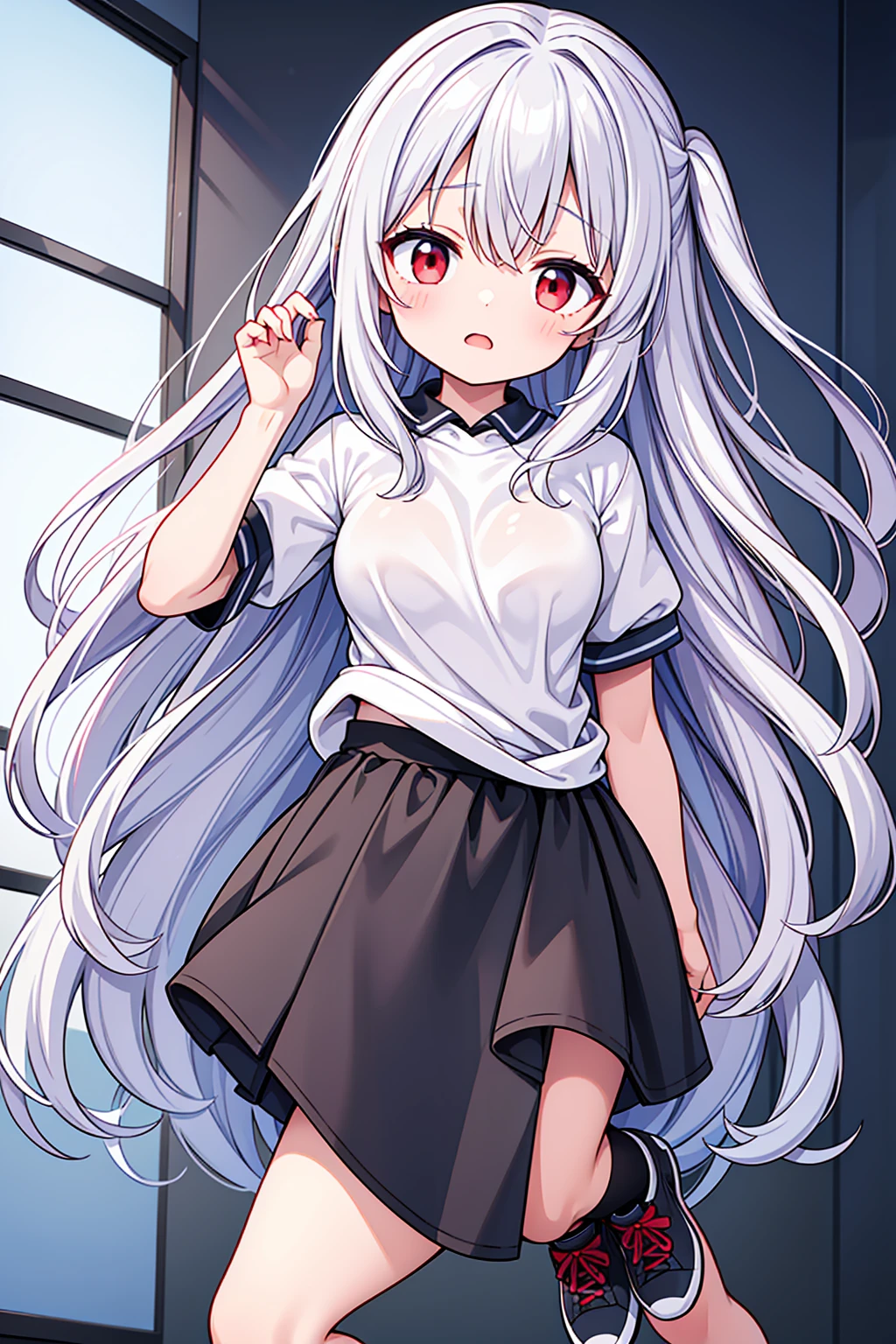 １older sister、Silver straight hair、Red Eyes、17歳のolder sister、I'm scared、White and blue hoodie jumper、Black jeans、Black sneakers、Have acrobatic movements、Under her jersey she wears a white T-shirt that reveals her very large breasts.、ボン・キュッ・ボンの身体突きをしたolder sister、The body is slightly twisted.、My chest is shaking so much、Messy hair with flyaways、very cute、A girl with a body you&#39;ll want to hug