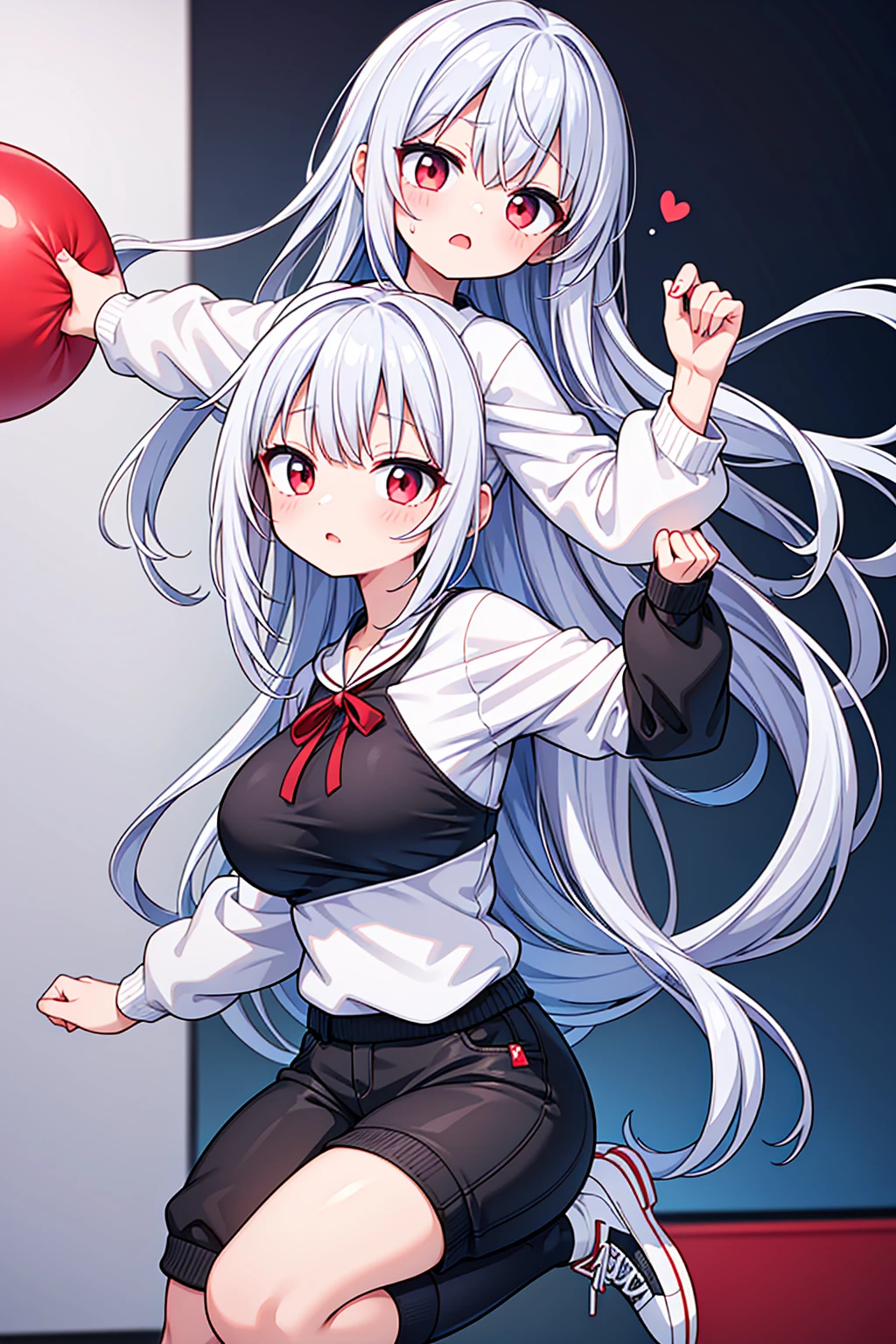 １older sister、Silver straight hair、Red Eyes、17歳のolder sister、I'm scared、White and blue hoodie jumper、Black jeans、Black sneakers、Have acrobatic movements、Under her jersey she wears a white T-shirt that reveals her very large breasts.、ボン・キュッ・ボンの身体突きをしたolder sister、The body is slightly twisted.、My chest is shaking so much、Messy hair with flyaways、very cute、A girl with a body you&#39;ll want to hug
