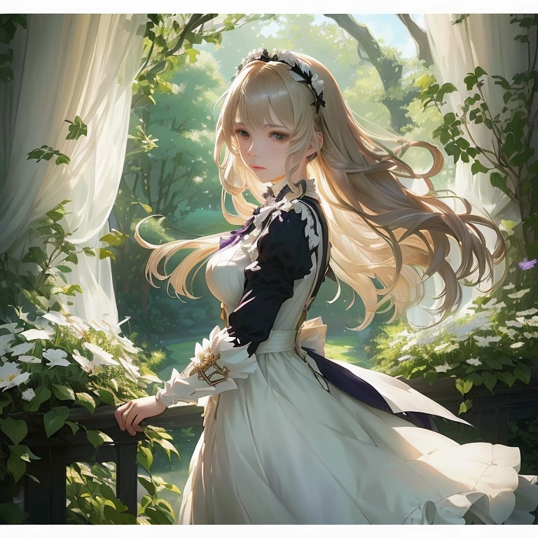 anime girl in a white dress standing in a garden, high detailed official artwork, a maid in a magical forest, official artwork, cushart krenz key art feminine, official art, portrait of lolita, violet evergarden, fine details. girls frontline, epic light novel art cover, anime key visual of elegant, rin, official anime artwork, smooth anime cg art