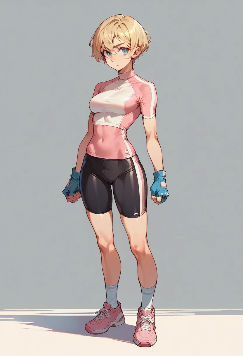 1girl, pink bike jersey, pink bike shorts, ((tight jersey)), blonde hair, fingerless blue gloves, tight gloves, full body, gloves, short hair, shoes, socks, standing, solo