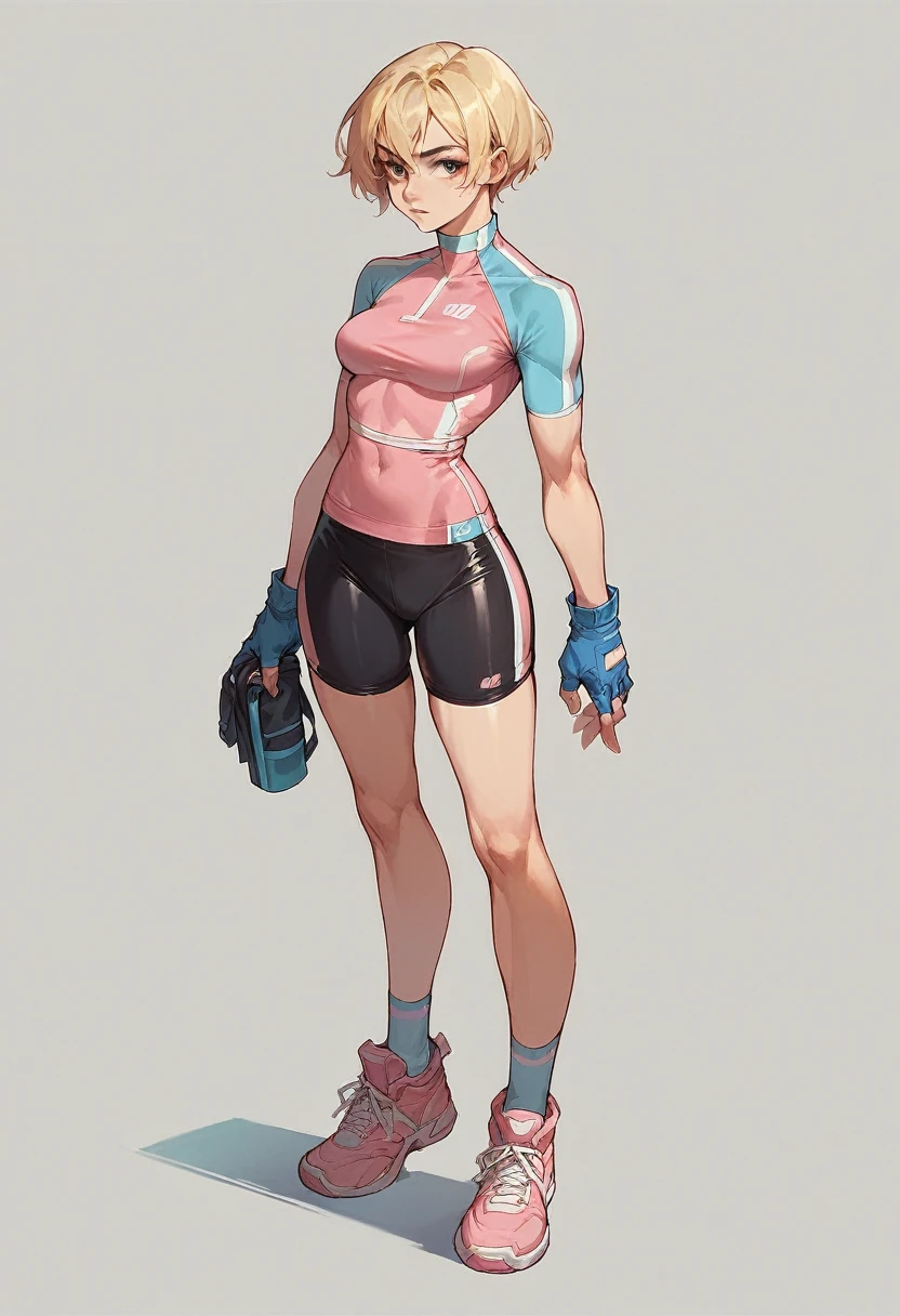 1girl, pink bike jersey, pink bike shorts, ((tight jersey)), blonde hair, fingerless blue gloves, tight gloves, full body, gloves, short hair, shoes, socks, standing, solo